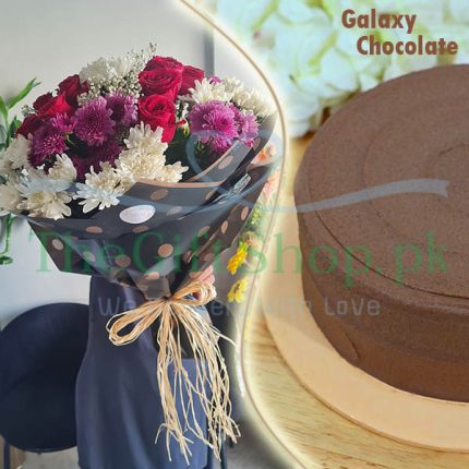 Floral Fantasy: A gift of flowers and cake from The Gift Shop, with a black polka dot bouquet and a chocolate cake