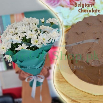 Sweet Temptations: A gift consisting of a bouquet of white flowers wrapped in blue-green paper and tied with a white ribbon, and a round chocolate cake covered in chocolate frosting and placed on a gold plate. The background is blurred, but a sign that reads “Belgian Chocolate” is visible.