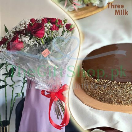 Three Milk Rose: A photo of a three milk cake and a bouquet of red roses on a table. The cake is round and has a smooth chocolate frosting and gold sprinkles on the sides. The roses are red and wrapped in a clear plastic with a red ribbon and a card that reads “love”. The text “Three Milk” and “GiftShop.pk” are visible in the top right corner of the photo.