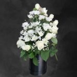 Luminous Blooms: Elegant white flower bouquet with roses, chrysanthemums, and gypsophila.