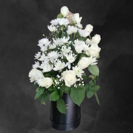 Luminous Blooms: Elegant white flower bouquet with roses, chrysanthemums, and gypsophila.