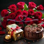 A gift box containing 24 red roses, a chocolate cake, and a box of Ferrero Rocher chocolates.